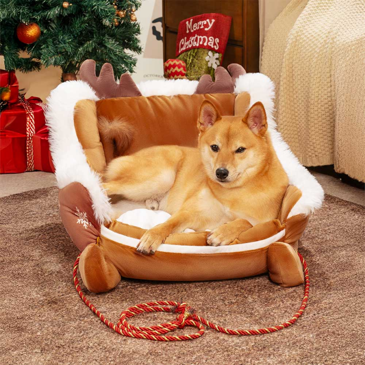 Cama Pet Natalina em Formato de Trenó, Base Antiderrapante - CozySled™