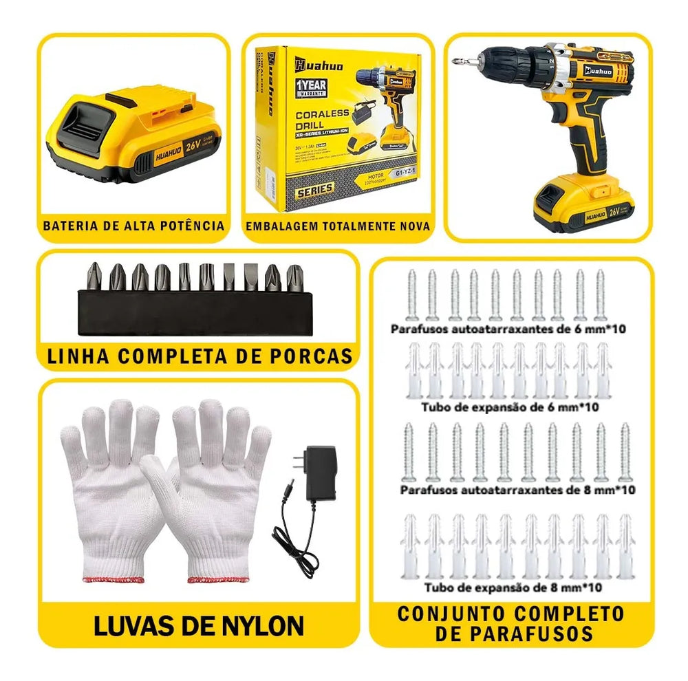 (MÊS DOS PAIS) Parafusadeira e Furadeira Premium 26V + 2 Bateria de Brinde