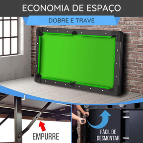 (ESTOQUE LIMITADO) Mesa de Bilhar Dobrável em MDF Reforçado - Suporta até 100kg + Kit Completo de Brinde