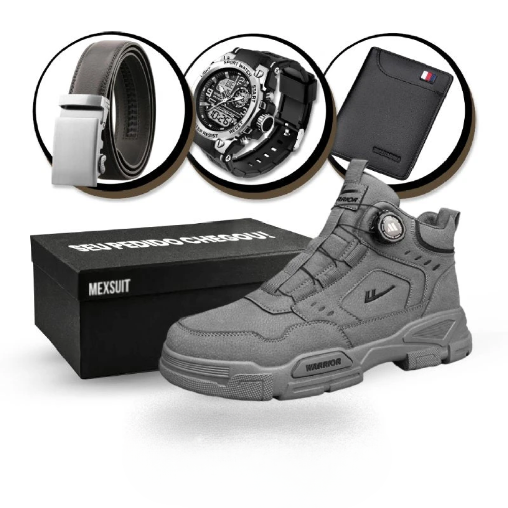 [Oferta de Mês dos Pais] Kit Bota Militar Warrior Masculina de Couro Legitimo + 3 BRINDES: Cinto, Relógio e Carteira