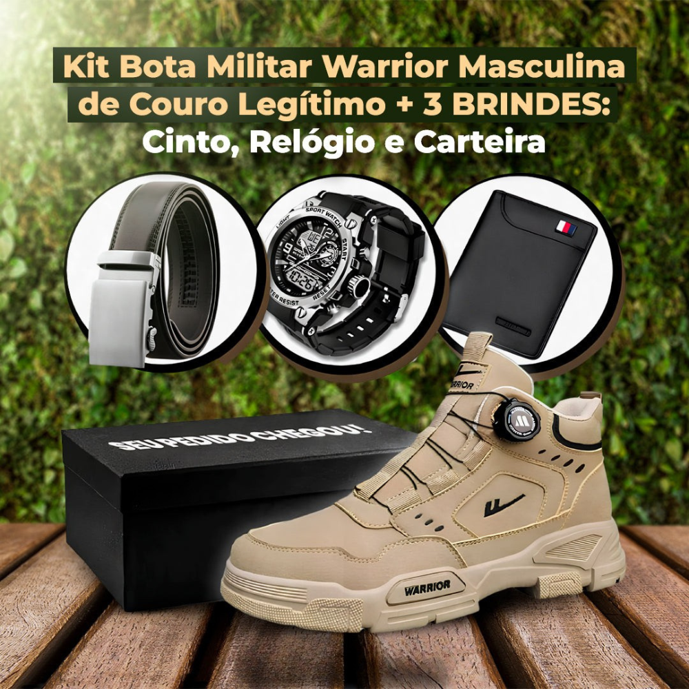 [Oferta de Mês dos Pais] Kit Bota Militar Warrior Masculina de Couro Legitimo + 3 BRINDES: Cinto, Relógio e Carteira