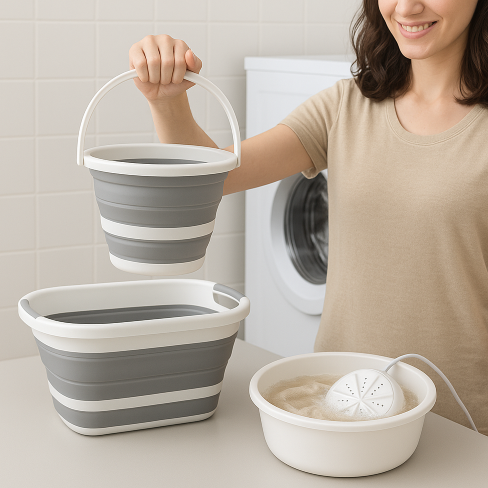Kit Compact Wash™ Lavanderia Portátil + Balde + Cesto Dobrável – Estoque Limitado!