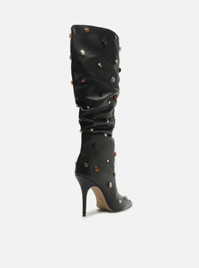 Bota Preta Couro Salto Fino Slouchy Pedras