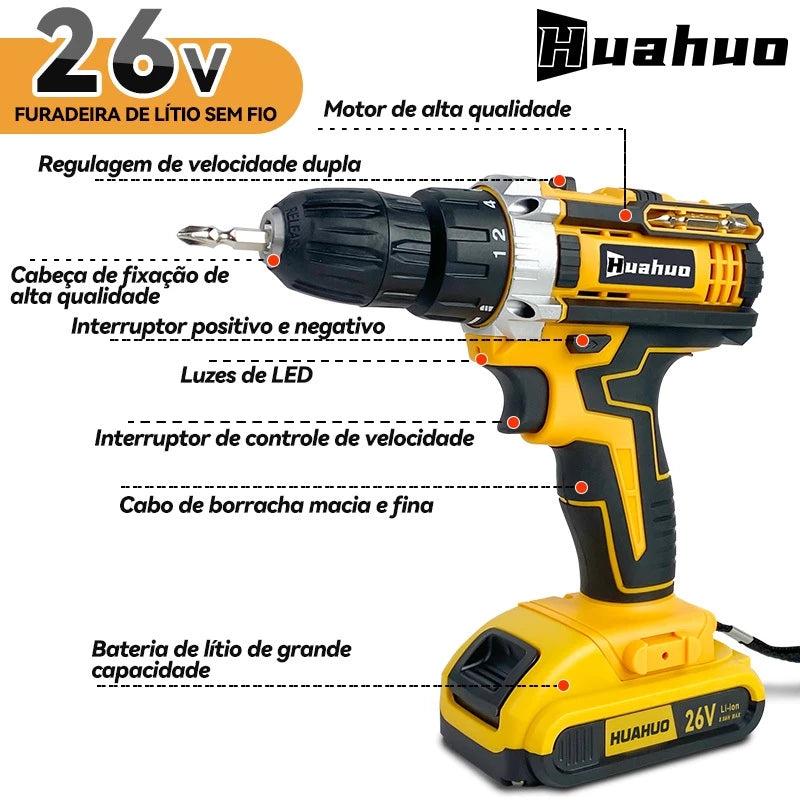 (MÊS DOS PAIS) Parafusadeira e Furadeira Premium 26V + 2 Bateria de Brinde