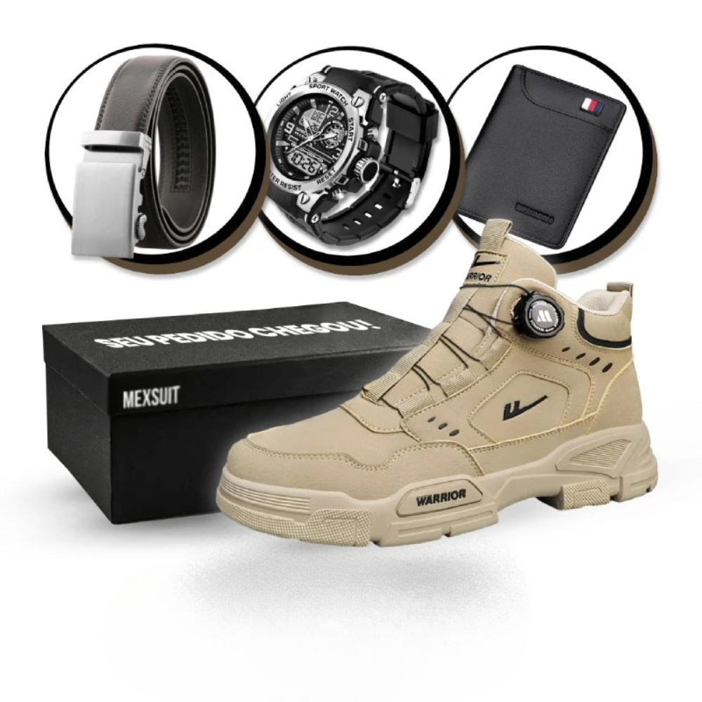 [Oferta de Mês dos Pais] Kit Bota Militar Warrior Masculina de Couro Legitimo + 3 BRINDES: Cinto, Relógio e Carteira