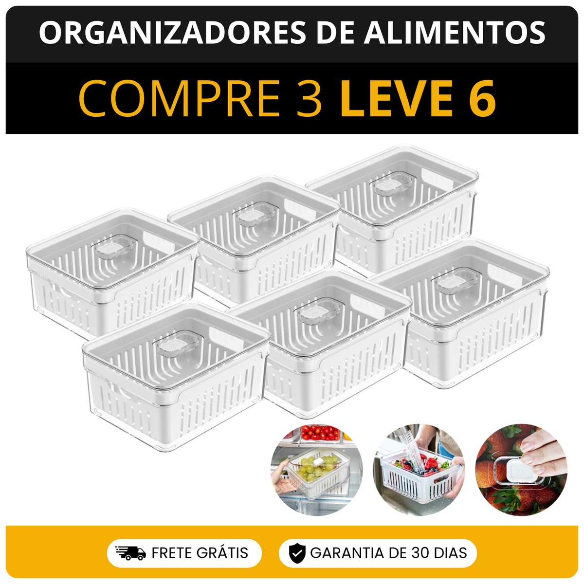 (Compre 3 LEVE 6) Organizadores em Acrílico 2,2 Litros  para Alimentos Vegetais Cozinha'