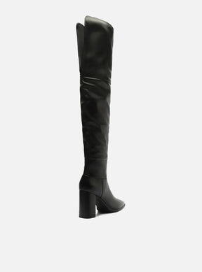 Bota Over The Knee Preta Couro Salto Alto
